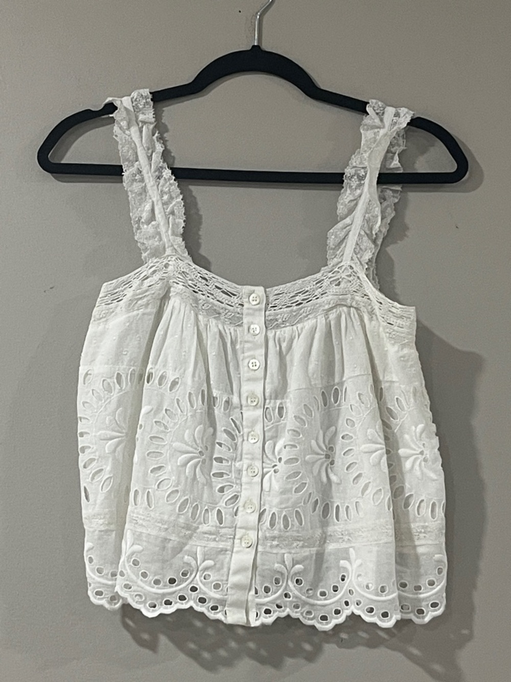 LoveShackFancy White Eyelet Button-Front Ruffle-Strap Camisole